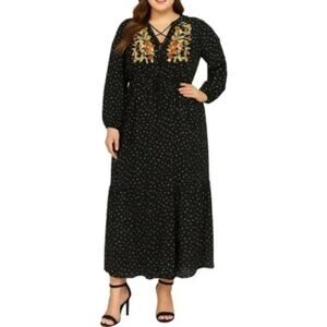Rusttydustty Bohemian Black Chiffon Embroidered Maxi Dress Floral Dot Size 1X